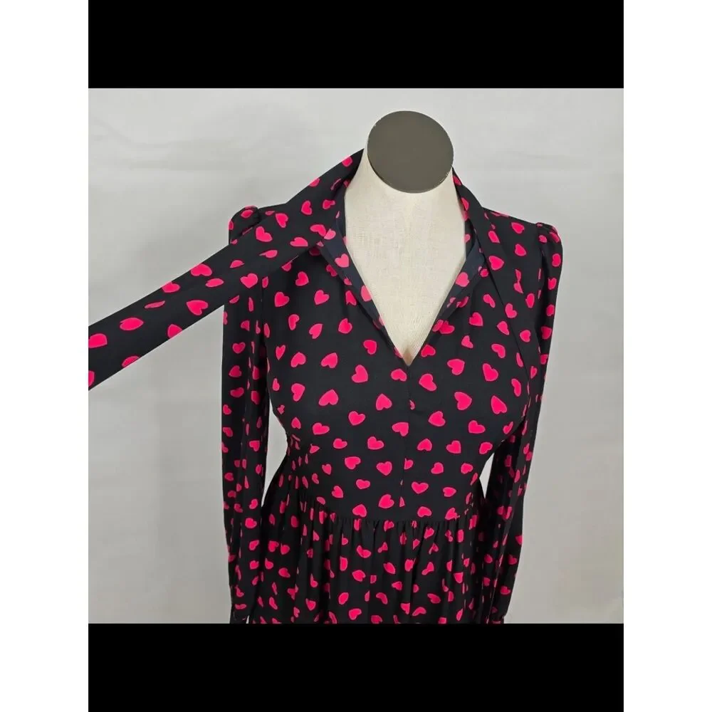 Kate Spade New York Black Pink Heart Print Tie Neck Dress Size 8